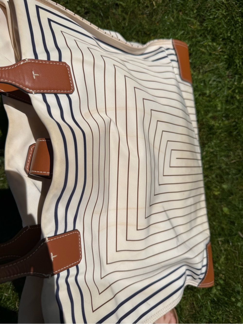 Tory Burch Cream Stripe Ella Print Tote with Tan Leather Trim - Large - Picture 6 of 12